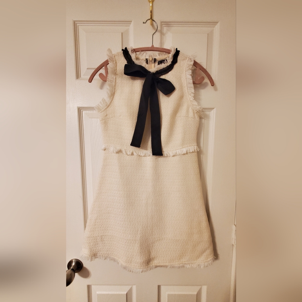 Tweed Cream Dress with Black Ribbon Accent